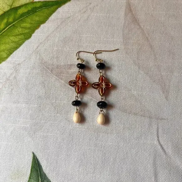 Amber Tone Cross Shape Earthy Boho Bohemian Stone Beige Western Casual Earrings - Picture 4 of 7